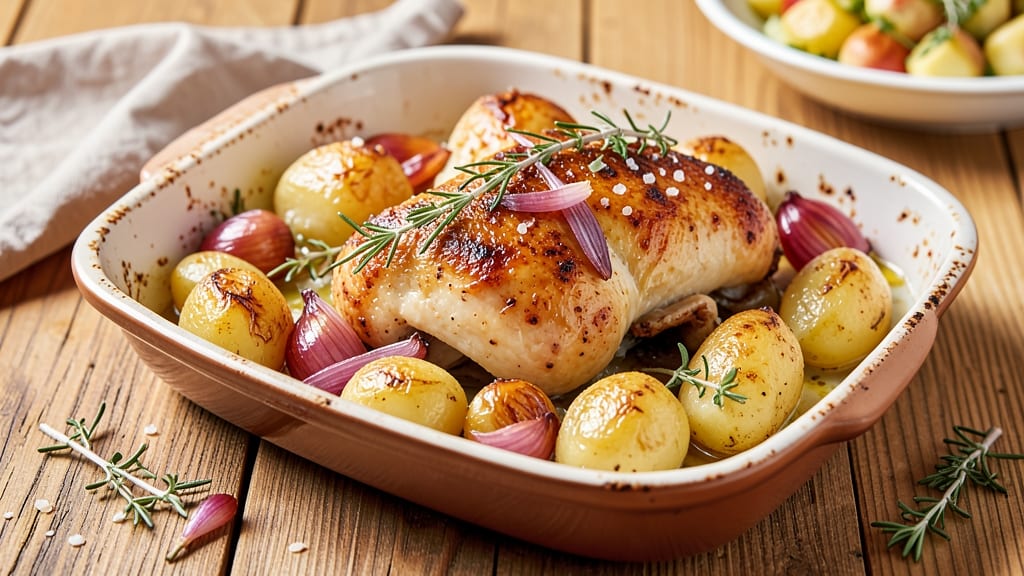 Baked Chicken With Potatoes and Onions Recipe: One-Pan Roast With Herbed Crisp-Topped Potatoes