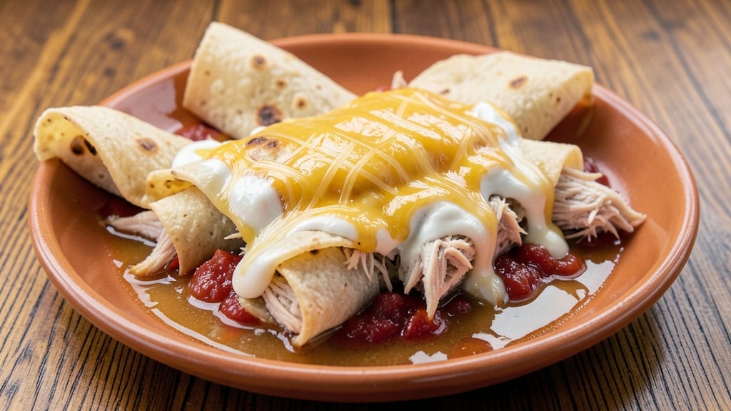 Authentic Sour Cream Chicken Enchiladas Recipe: Creamy Cheese-Filled Layers With Spiced Tomato Hug