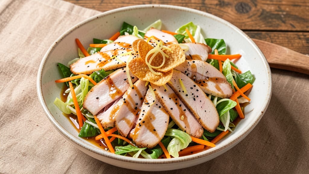 Asian Style Chicken Salad Recipe: Crunchy Sesame-Ginger Dressing with Crispy Wonton Chips