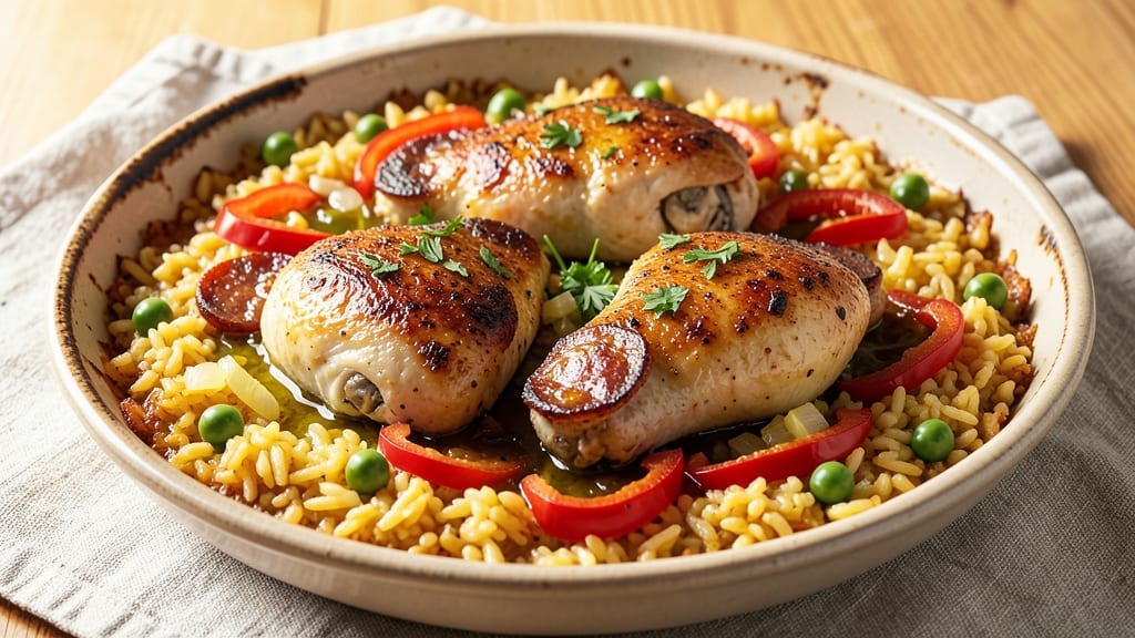 Baked Chicken Paella Recipe: Saffron-Infused Crispy Top and Juicy Rice
