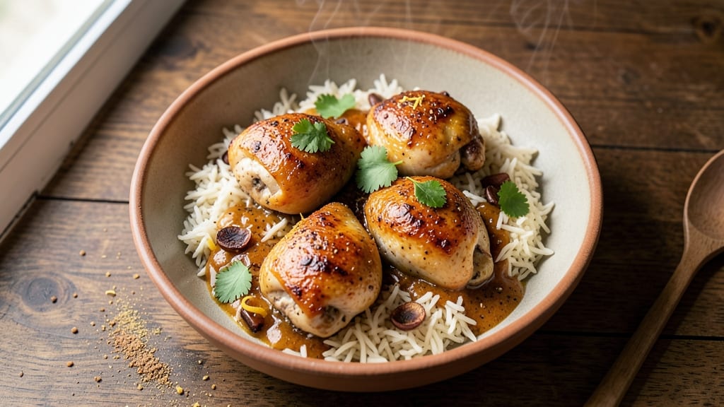 Baked Chicken Quarters and Rice Recipe: Juicy Spice-Rubbed Chicken Over Fluffy Basmati