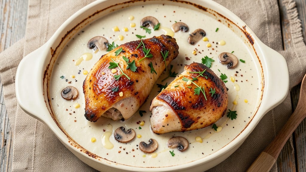 Baked Chicken Thighs With Cream of Mushroom Soup Recipe: Creamy Mushroom-Braised Crispy Skin